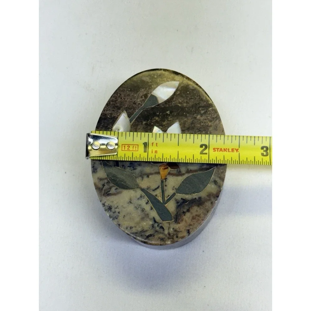 VTG Mother of Pearl & Stone Inlay Soapstone Trinket Box